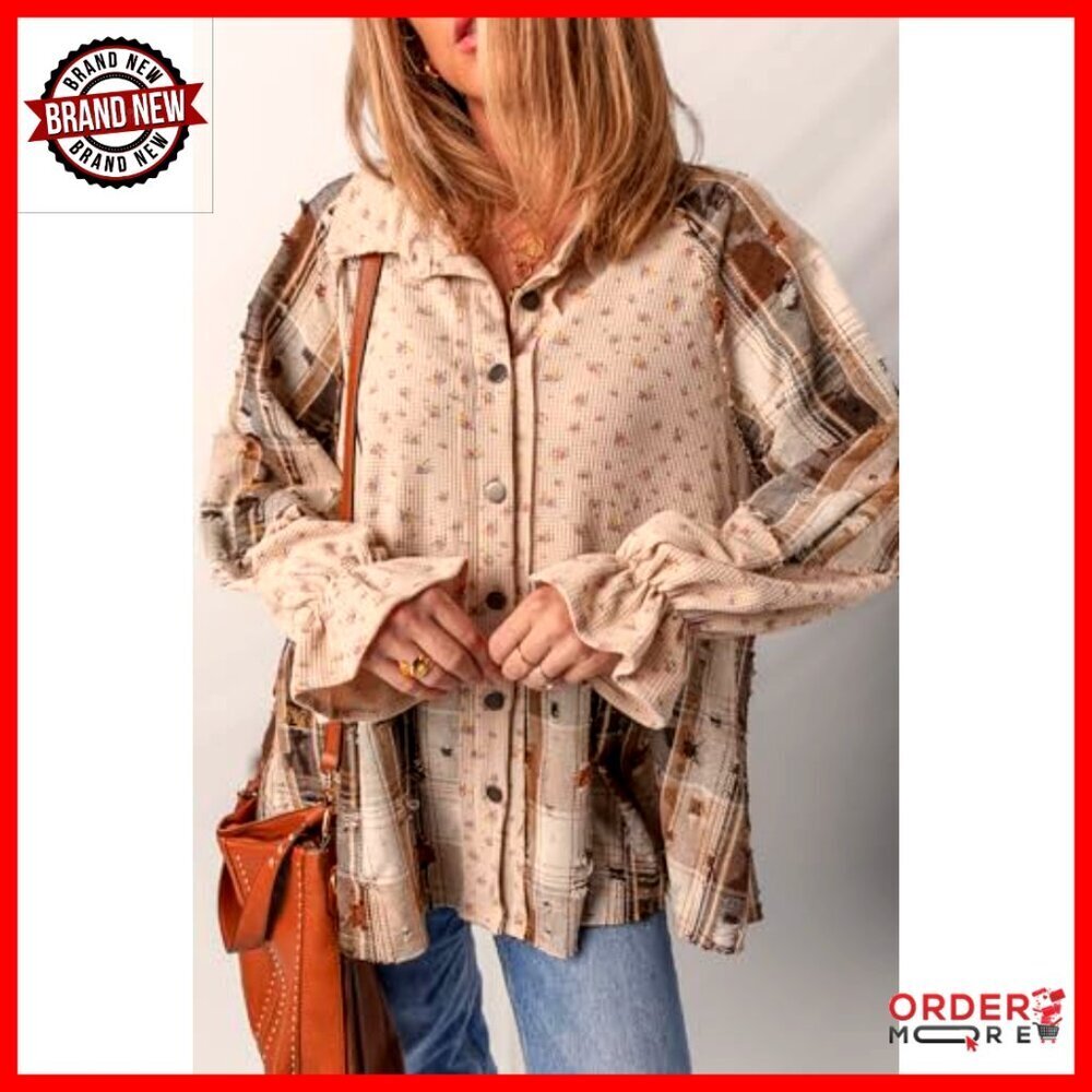 Waffle Knit Button Down Shacket Ruffled Sleeve Loose Fit Boho Floral Plaid - Picture 3 of 5
